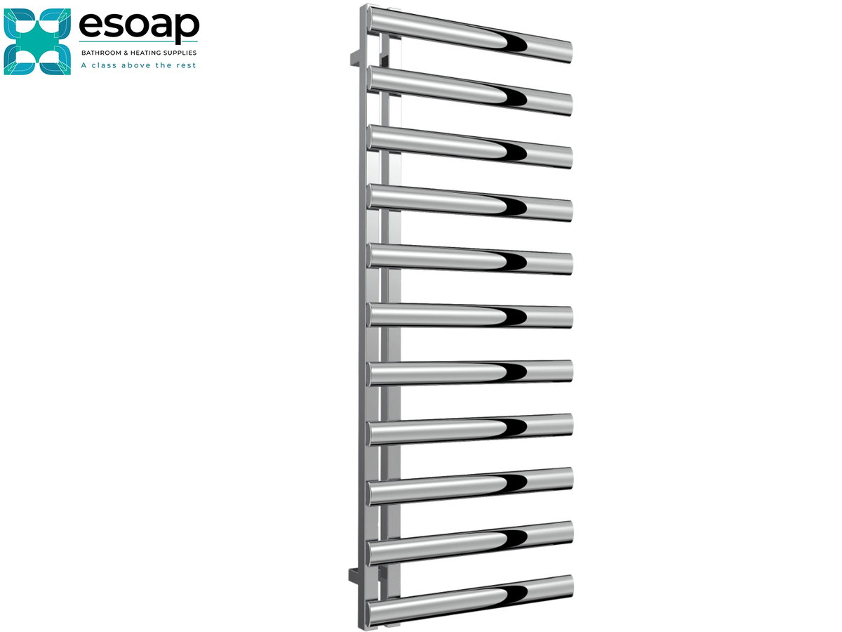 A modern stainless steel heated towel rail with ten horizontal bars, shown on a plain white background with the Esoap brand logo in the top-left corner. Reina Cavo 1230x500 Polished Stainless Steel Designer Radiator