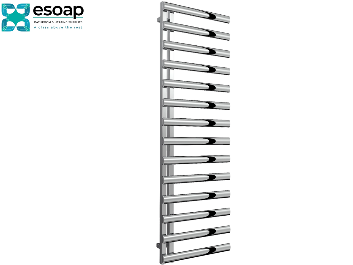 A tall, modern chrome towel radiator with multiple horizontal bars, shown on a plain white background with the Esoap brand logo in the top-left corner. Reina Cavo 1580x500 Polished Stainless Steel Designer Radiator