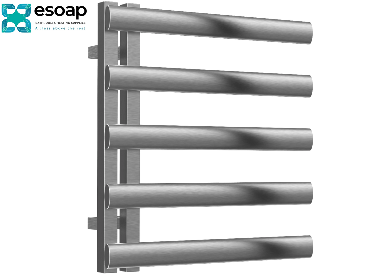 A stainless steel heated towel rail with five horizontal bars mounted on a vertical frame, shown against a plain white background with the Esoap logo in the top-left corner. Reina Cavo 530x500 Brushed Stainless Steel Designer Radiator