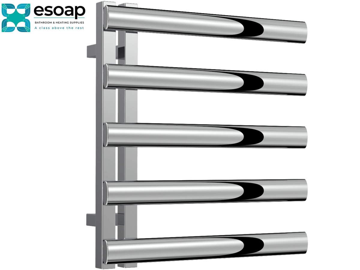 A wall-mounted chrome towel rail with five parallel horizontal bars, shown on a plain white background. The ESOAP brand logo is visible in the top-left corner. Reina Cavo 530x500 Polished Stainless Steel Designer Radiator