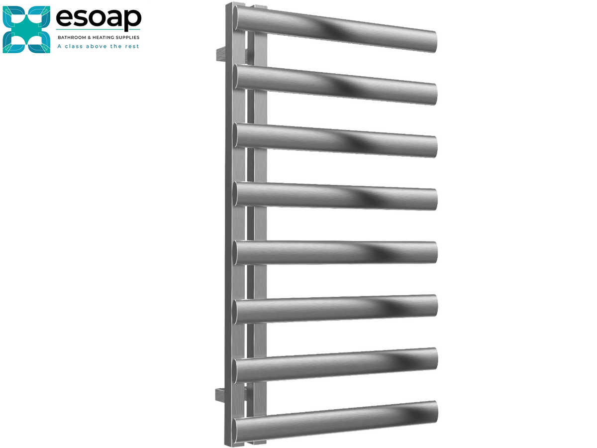 A chrome-finished heated towel rail with eight parallel horizontal bars and a vertical support frame, shown on a plain white background with the Esoap logo in the top-left corner Reina Cavo 880x500 Brushed Stainless Steel Designer Radiator