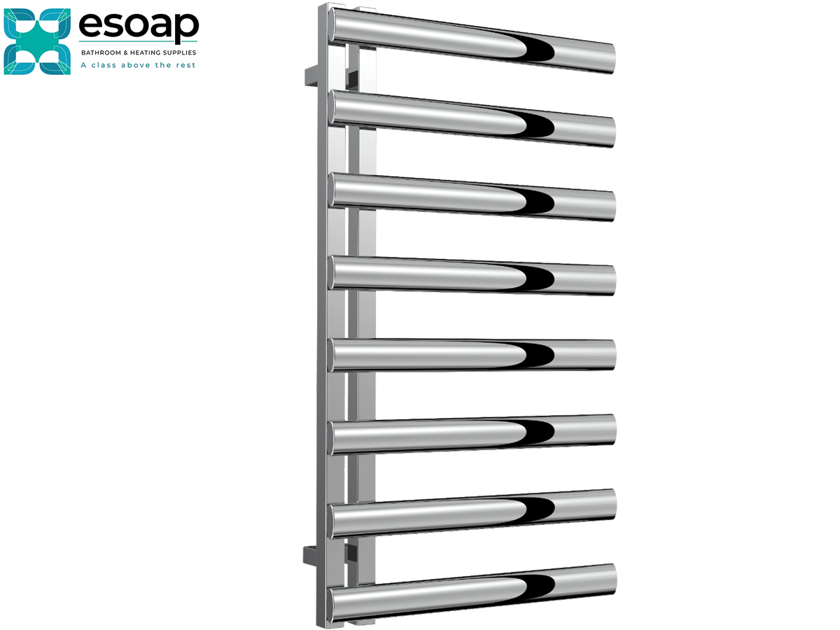 A modern stainless steel heated towel rail with eight horizontal bars, shown on a plain white background with the Esoap brand logo in the top-left corner. Reina Cavo 880x500 Polished Stainless Steel Designer Radiato