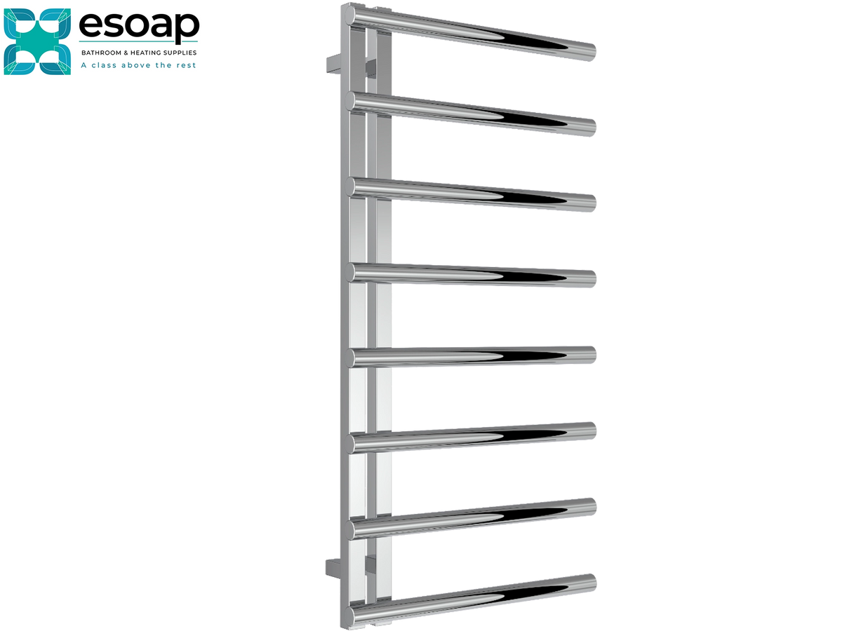 A polished chrome heated towel rail with eight horizontal bars, shown against a plain white background with the Esoap brand logo in the top-left corner. Reina Celico 1000x500 Polished Stainless Steel Designer Radiator