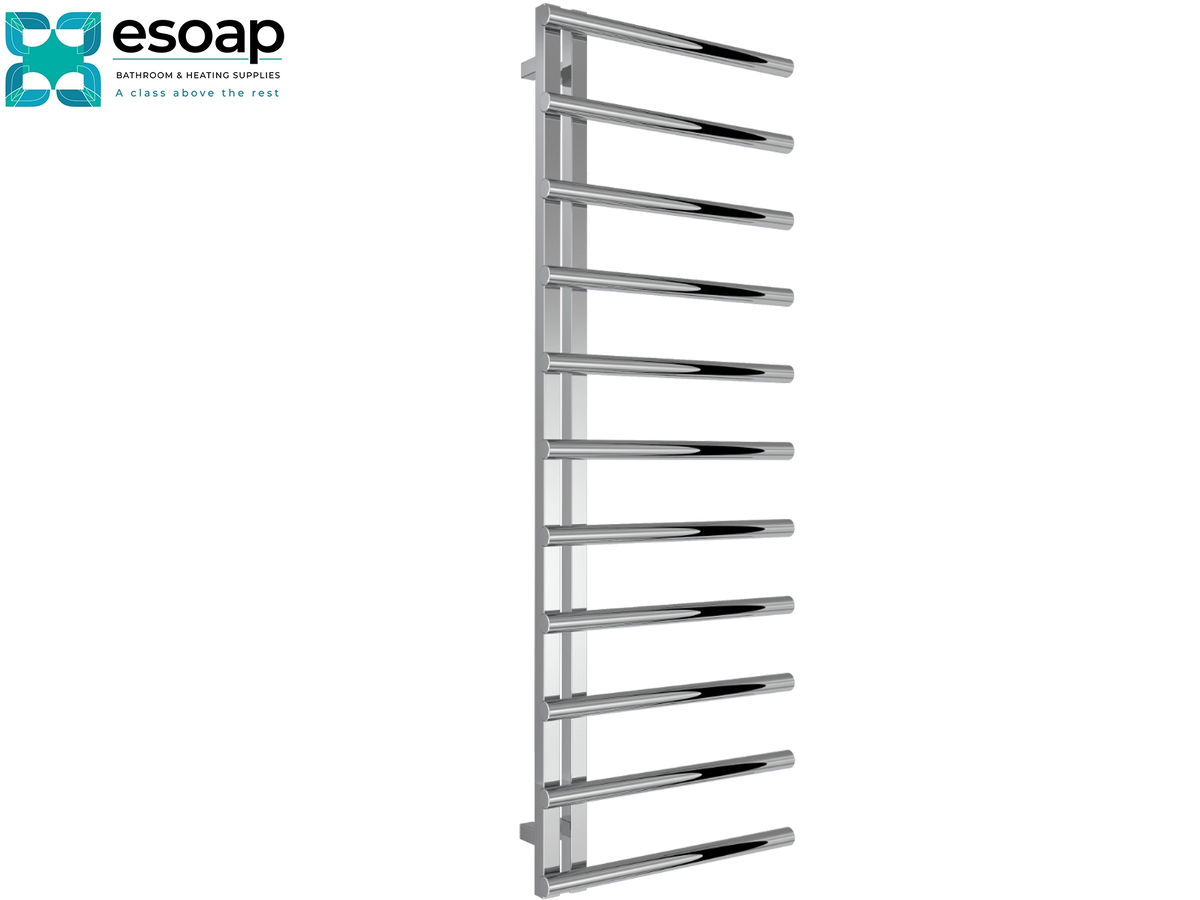 A tall, modern chrome towel rail with multiple horizontal bars, shown on a plain white background with the Esoap brand logo in the top-left corner. Reina Celico 1415x500 Polished Stainless Steel Designer Radiator