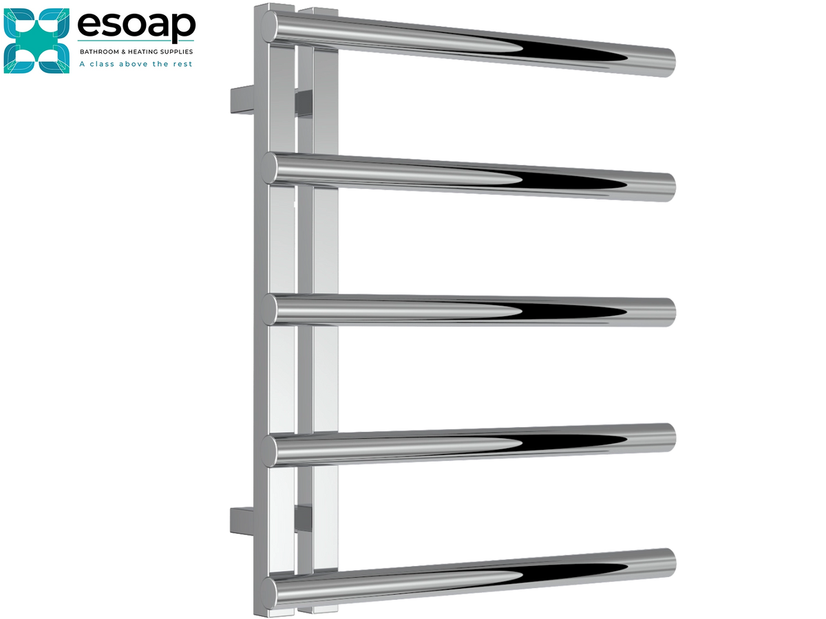 A wall-mounted chrome towel rail with five horizontal bars, shown on a plain white background with the Esoap logo in the top-left corner. Reina Celico 585x500 Polished Stainless Steel Designer Radiator