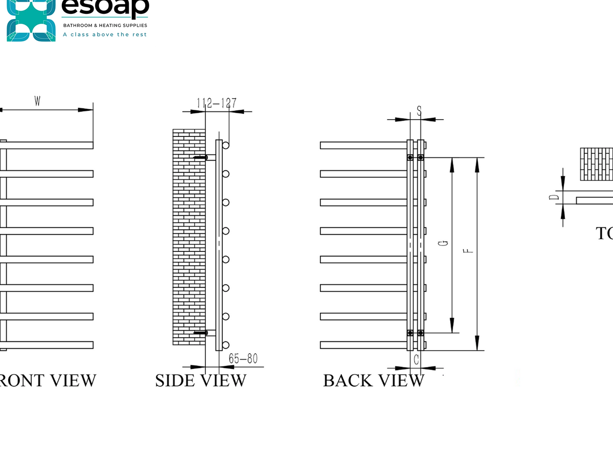 Technical dimension drawing of a wall-mounted towel bar rack, showing front, side, and back views with measurements and labels on a white background. The Esoap logo appears in the top left. Reina Celico Polished Stainless Steel Designer Radiator