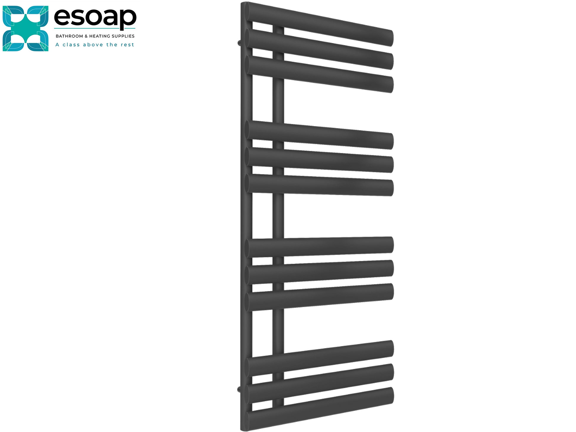 Chisa 1130 x 500 Anthracite towel radiator on a white background with 'esoap' branding.