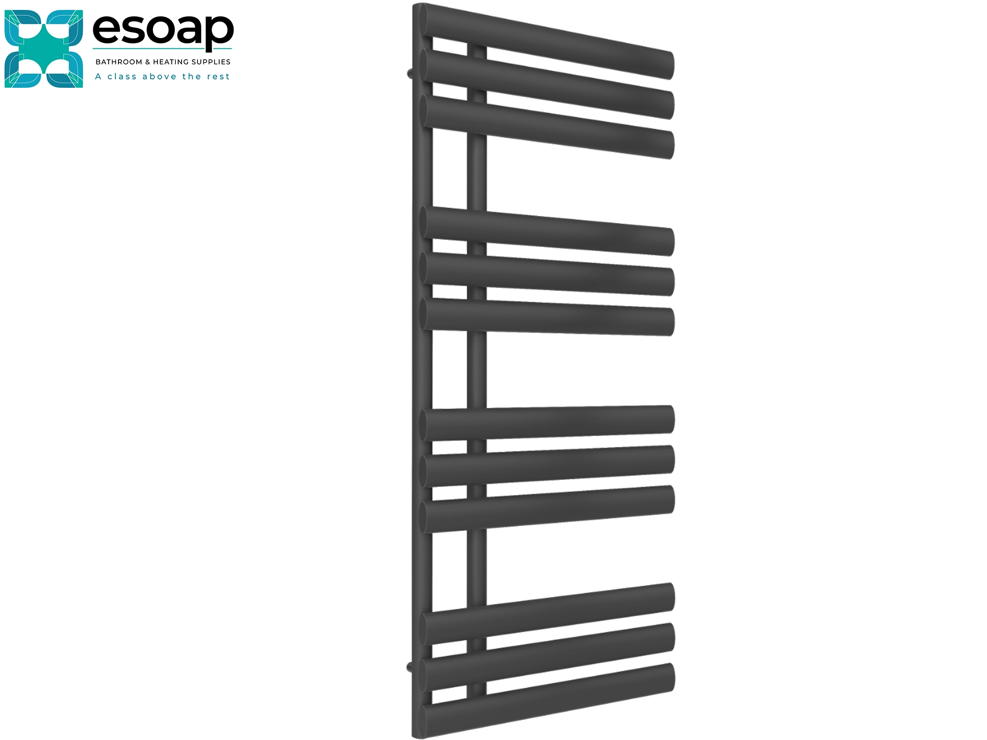 Chisa 1130 x 500 Anthracite towel radiator on a white background with 'esoap' branding.