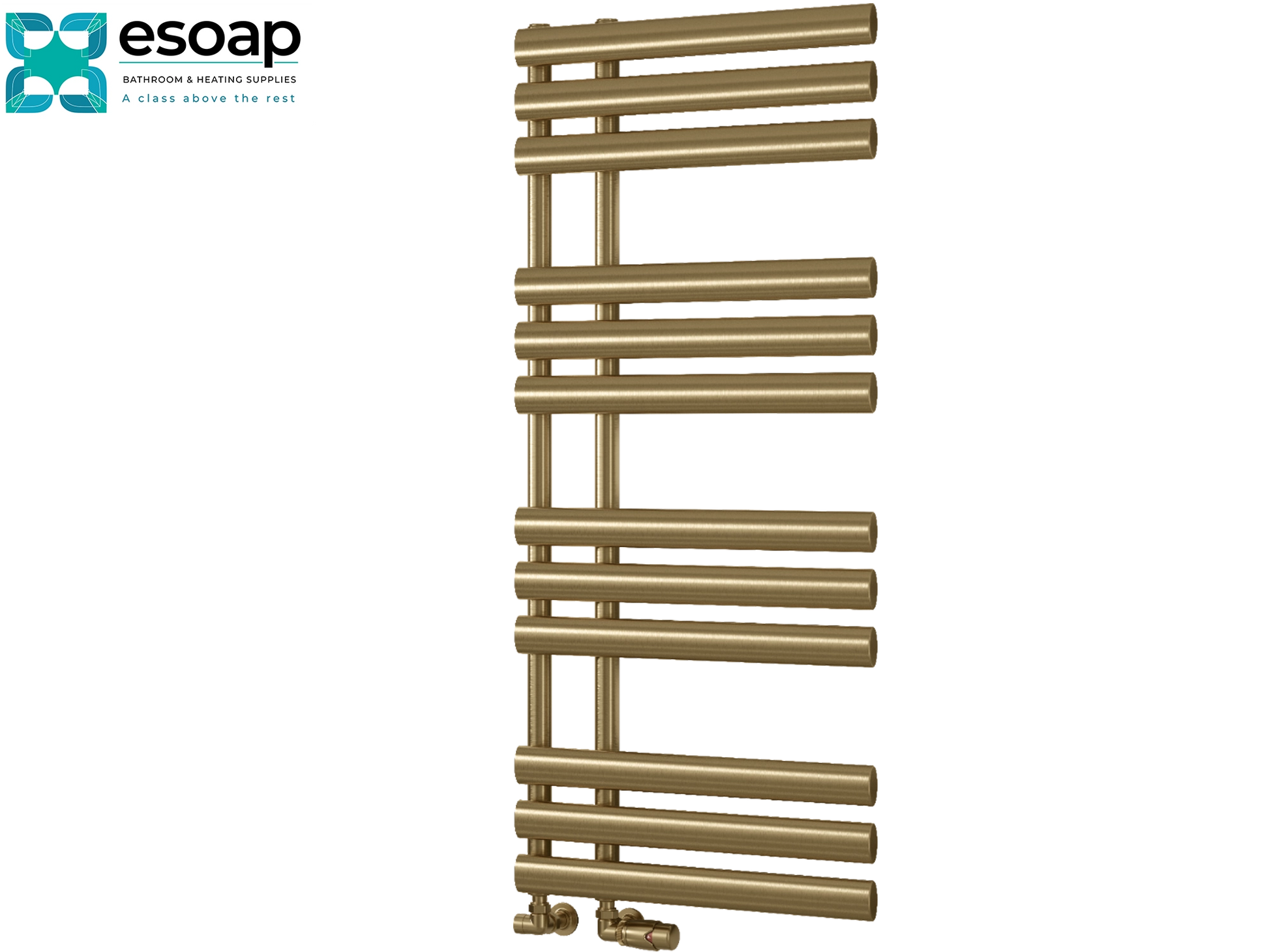 Gold chase 1130 x 500 towel radiator on a white background with Esoap branding.