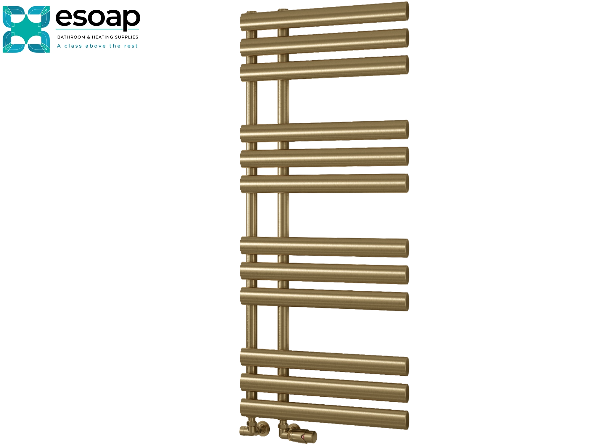 Gold chase 1130 x 500 towel radiator on a white background with Esoap branding.