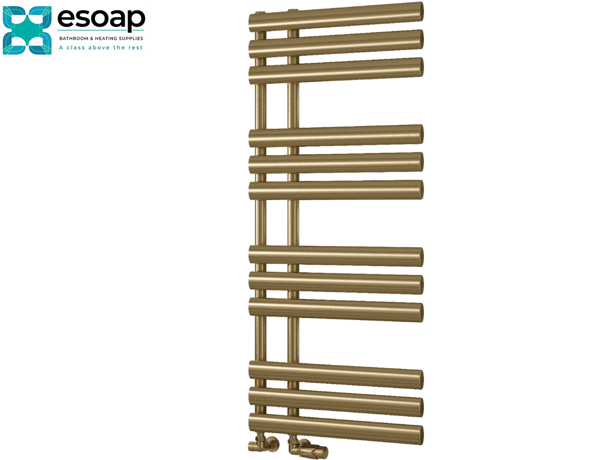A vertical brass-colored heated towel radiator with horizontal bars, shown on a plain white background with the Esoap logo in the top-left corner Reina Chisa 1130x500 Brushed Brass Designer Radiator