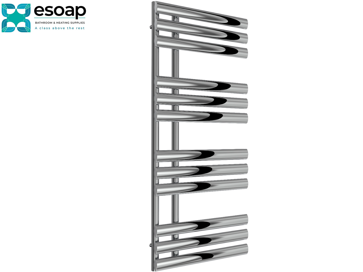 A tall, narrow chrome towel rail with multiple parallel horizontal bars, shown on a plain white background. The Esoap brand logo is visible in the top-left corner Reina Chisa 1130x500 Chrome Designer Radiator