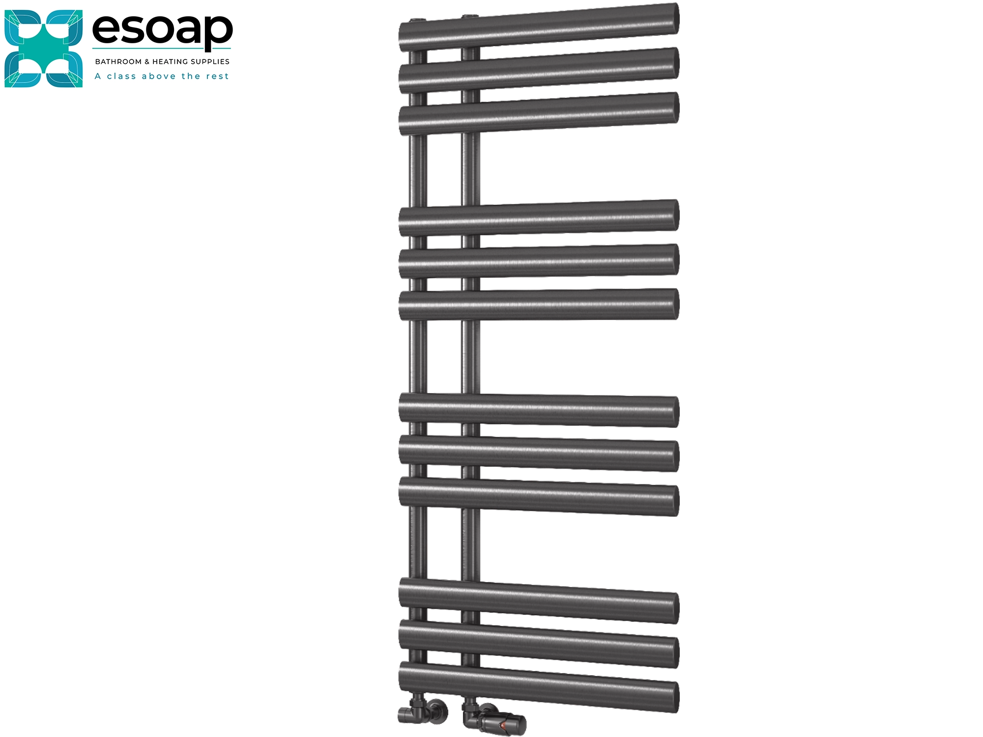 Towel radiator chisa gun metal 1130 x 500 with esoap branding on a white background