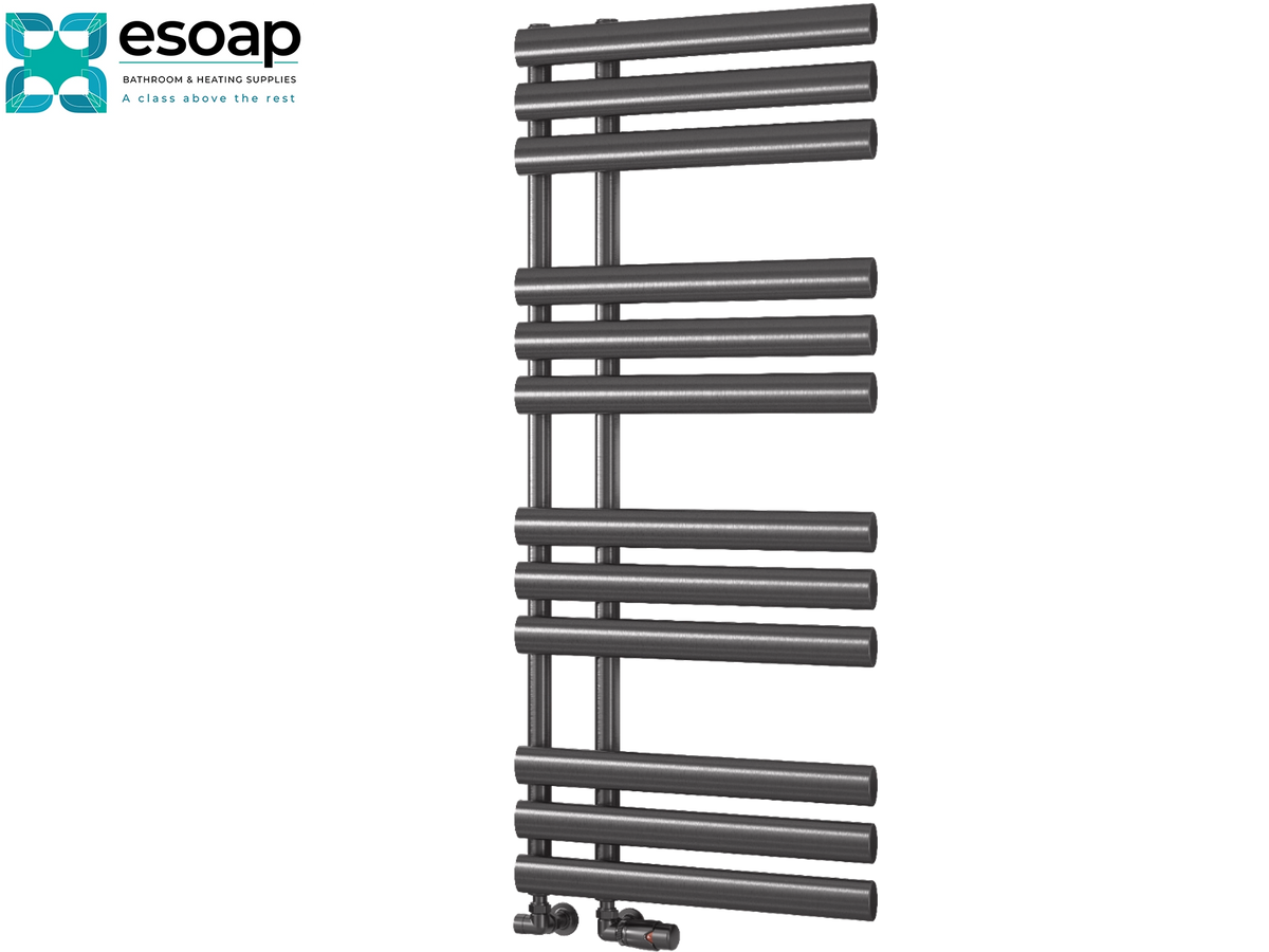 A dark gray heated towel radiator with horizontal bars, shown on a plain white background with the Esoap logo in the top-left corner for Reina Chisa 1130x500 Brushed Gun Metal Designer Radiator