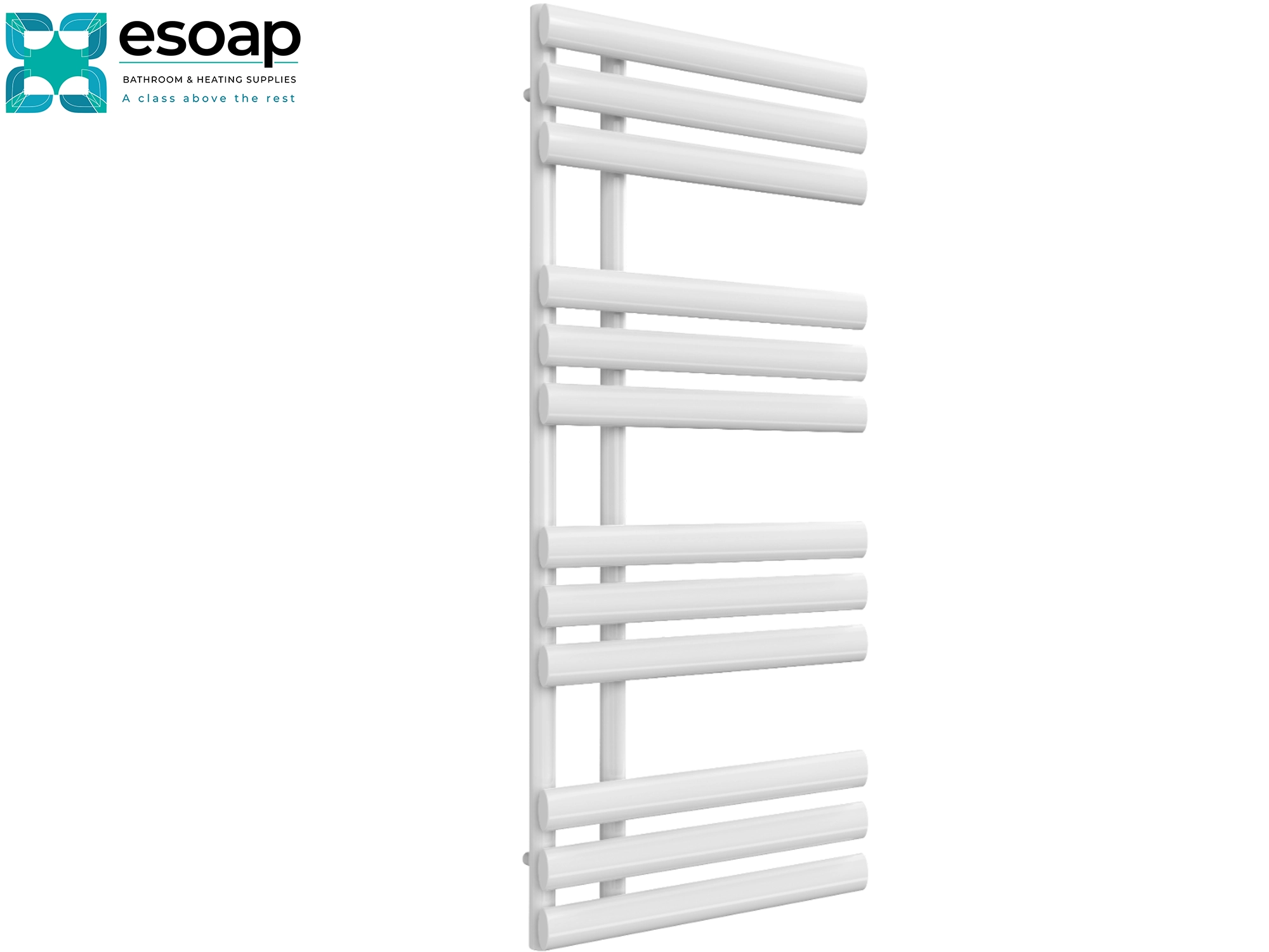 Chisa 1130 x 500 White towel radiator on a white background with 'esoap' branding.