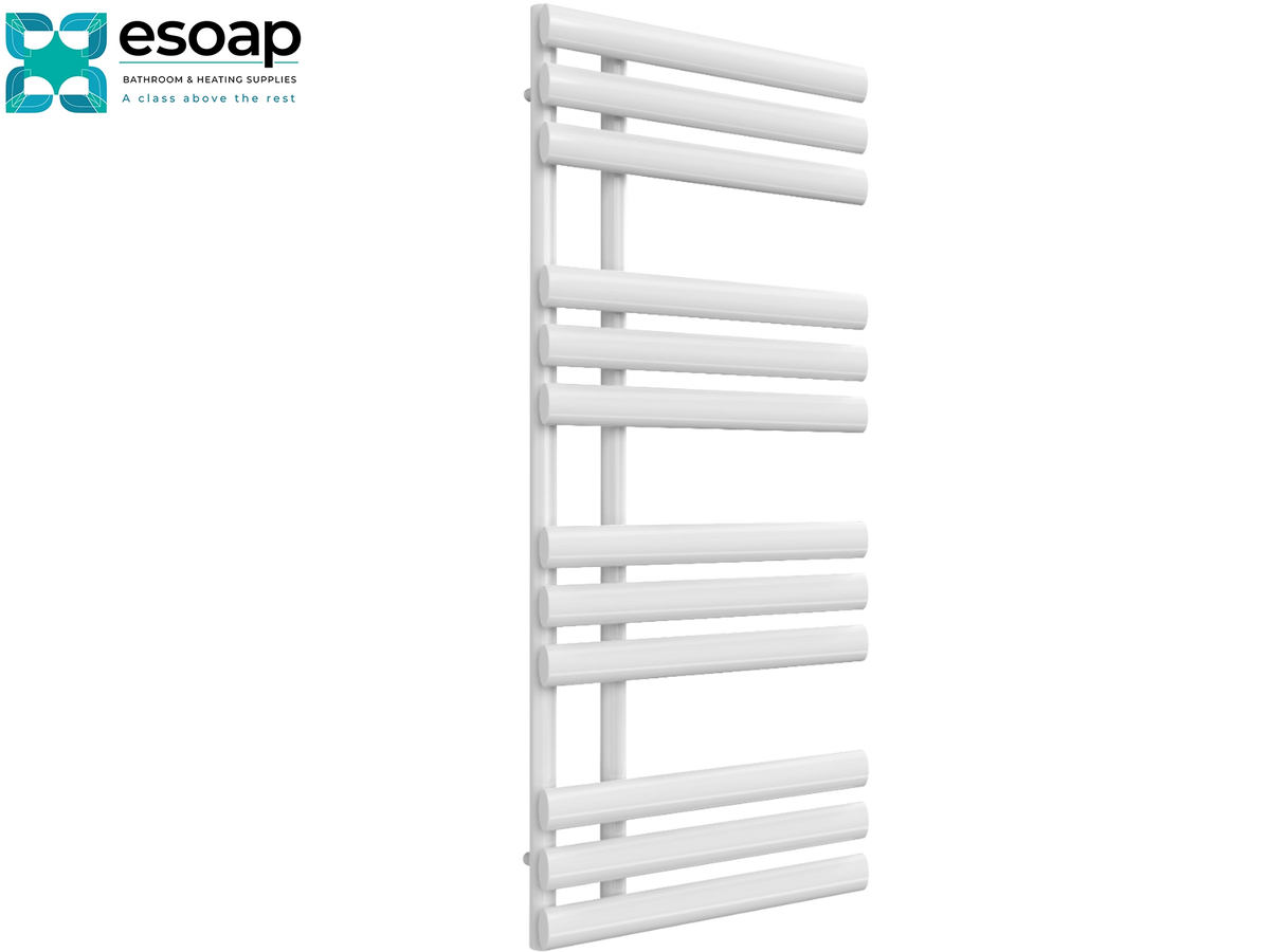 A white heated towel rail with horizontal bars, shown against a plain white background with the Esoap brand logo in the top-left corner Reina Chisa 1130x500 White Designer Radiator