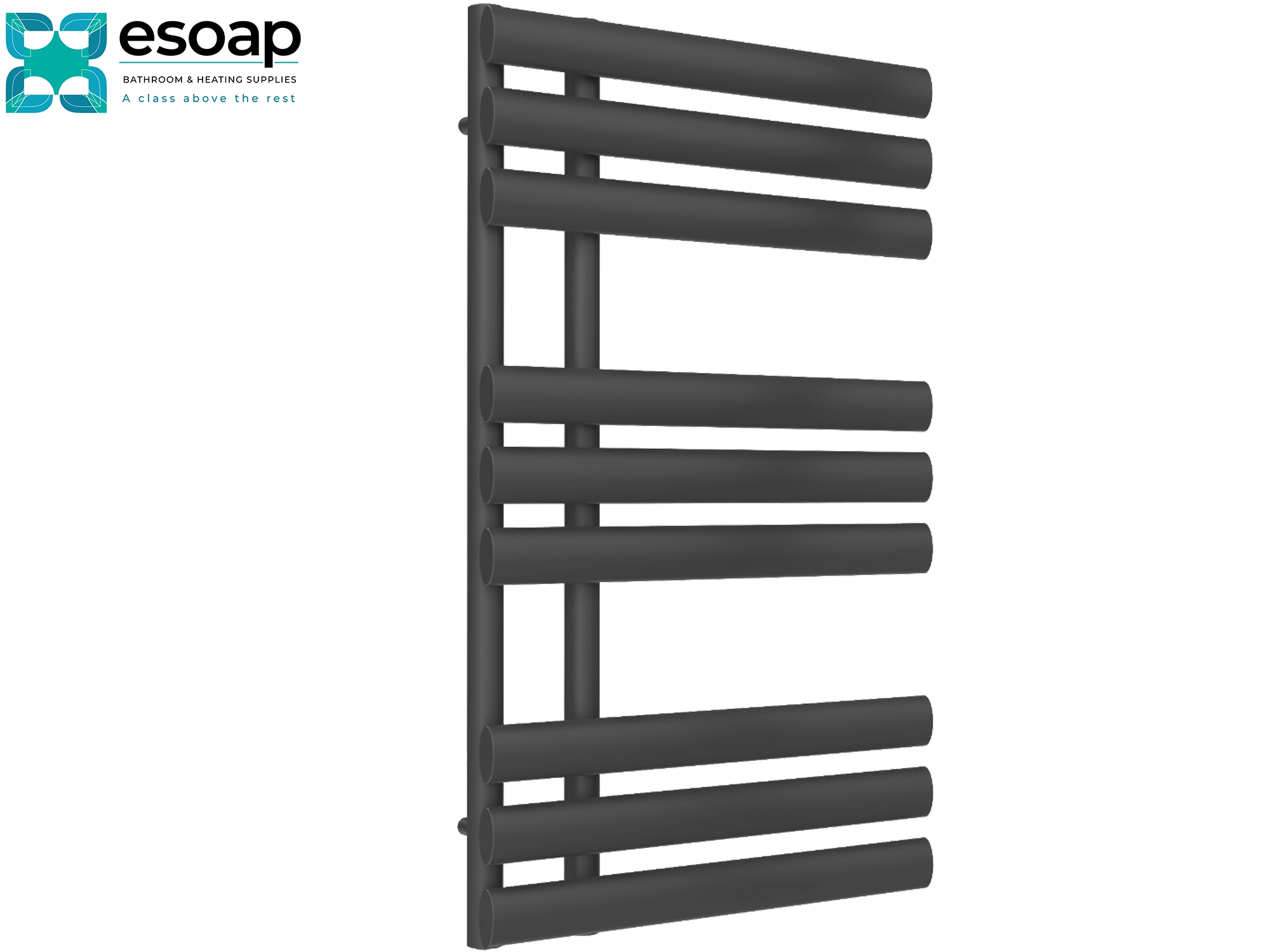 Chisa 820x500 anthracite towel radiator on a white background with 'esoap' branding.