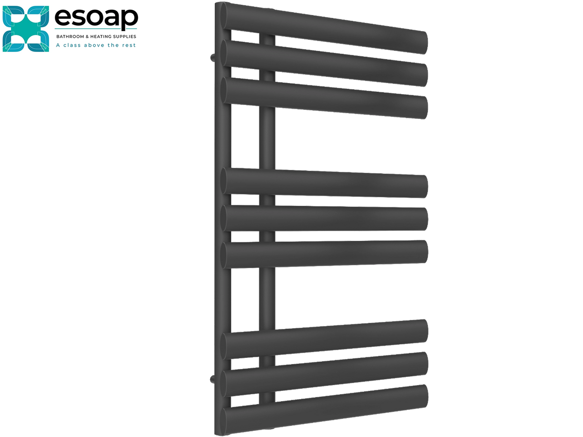 A dark gray heated towel rail with horizontal bars, shown on a plain white background with the Esoap brand logo in the top-left corner Reina Chisa 820x500 Anthracite Designer Radiator