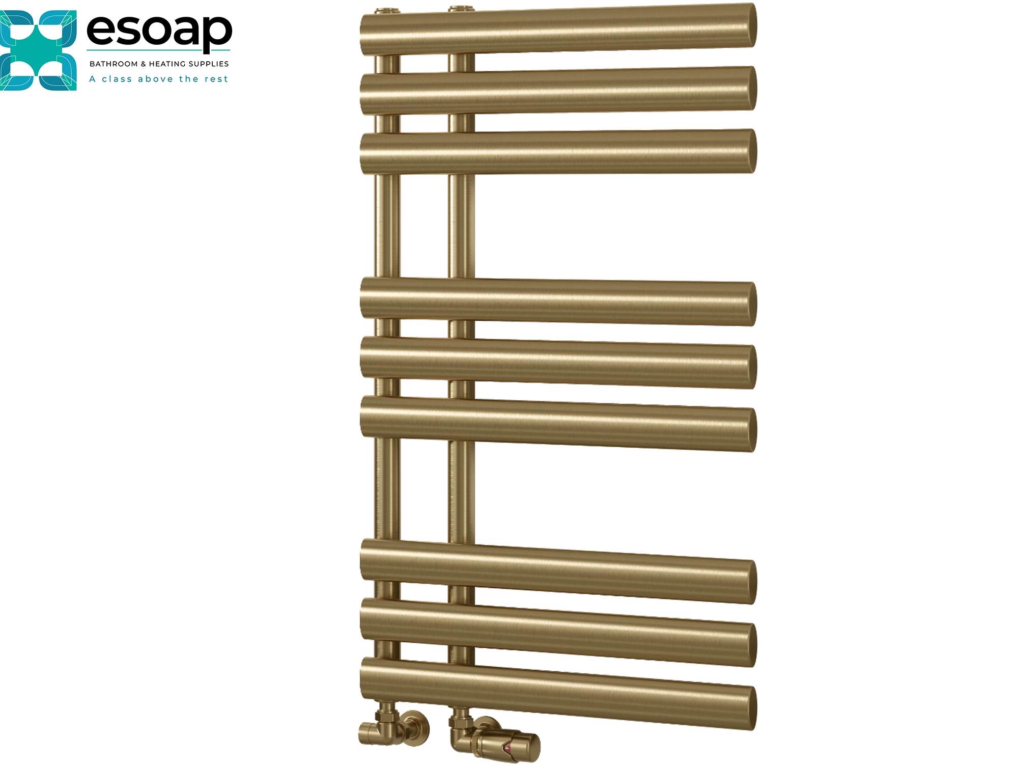Chisa 820 x 500 Brushed Brass towel radiator on a white background with Esoap branding.
