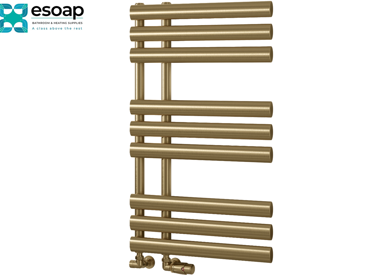 A vertical brass-colored heated towel rail with multiple horizontal bars, shown on a plain white background with the Esoap logo in the top-left corner Reina Chisa 820x500 Brushed Brass Designer Radiator