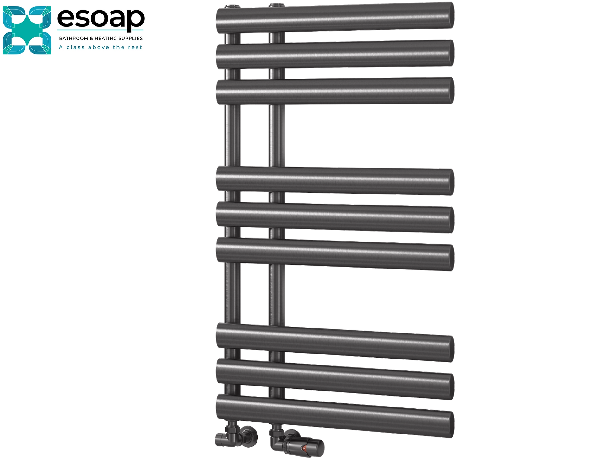 Chisa 820 x 500 Brushed Gun Metal Towel radiator with esoap branding on a white background