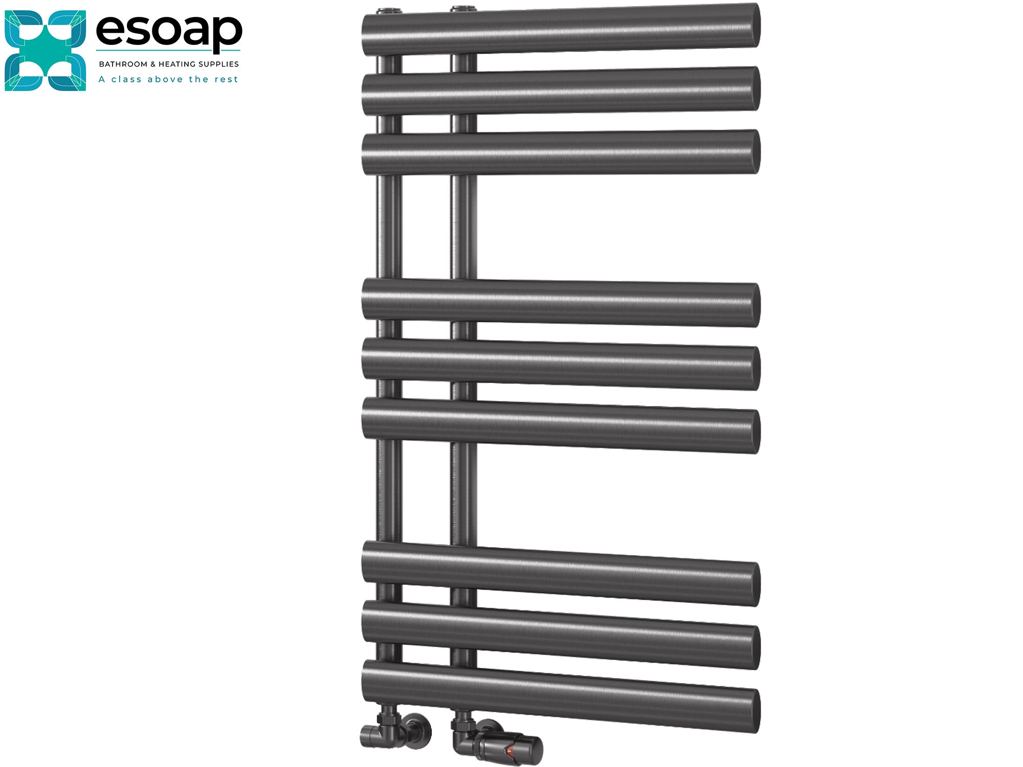 Chisa 820 x 500 Brushed Gun Metal Towel radiator with esoap branding on a white background