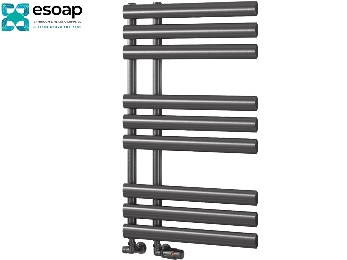 A dark gray heated towel radiator with horizontal bars, shown on a plain white background with the Esoap brand logo in the top-left corner Reina Chisa 820x500 Brushed Gun Metal Designer Radiator