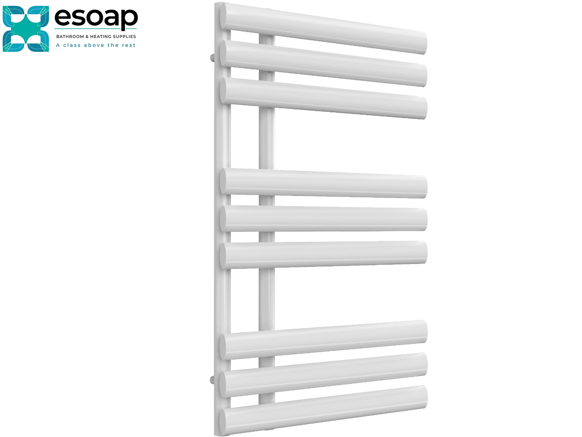 Chisa 820x500 white towel radiator on a white background with Esoap branding.