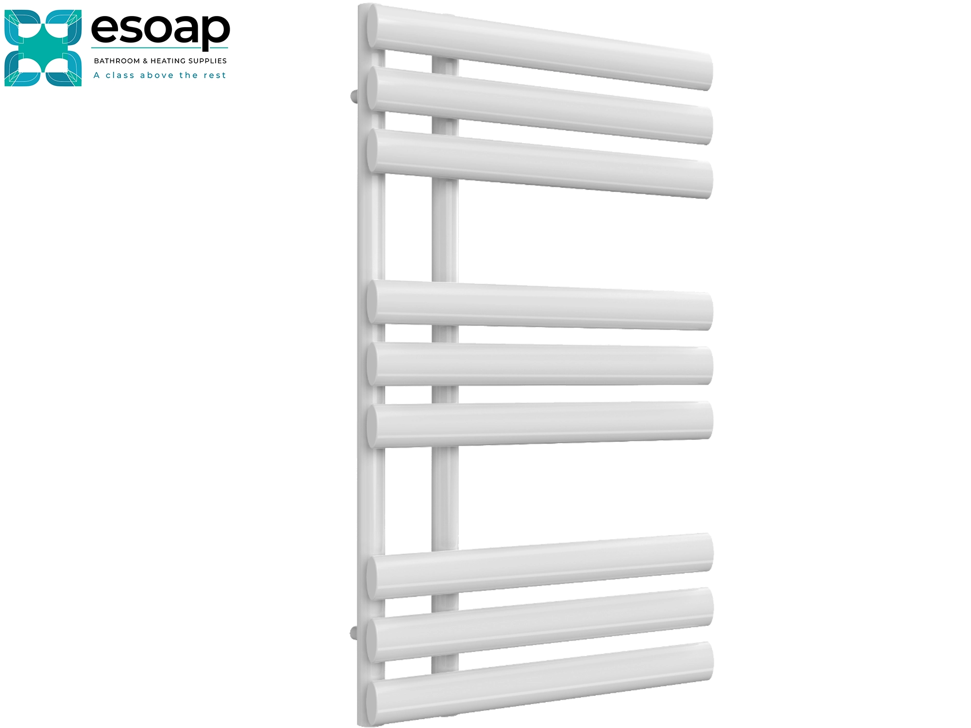 Chisa 820x500 white towel radiator on a white background with Esoap branding.