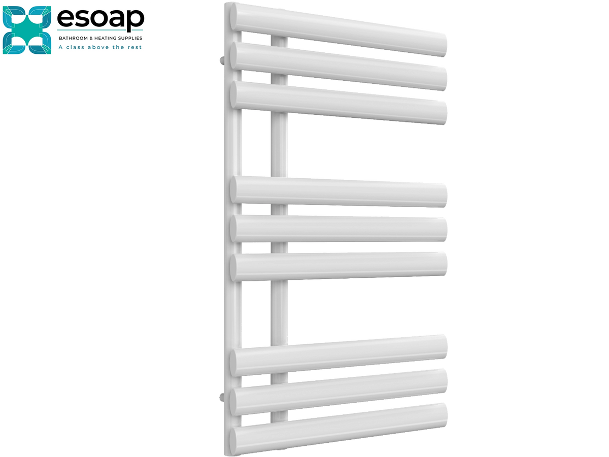 White heated towel rail with ten horizontal bars, shown on a plain white background with the Esoap logo in the top-left corner Reina Chisa 820x500 White Designer Radiator