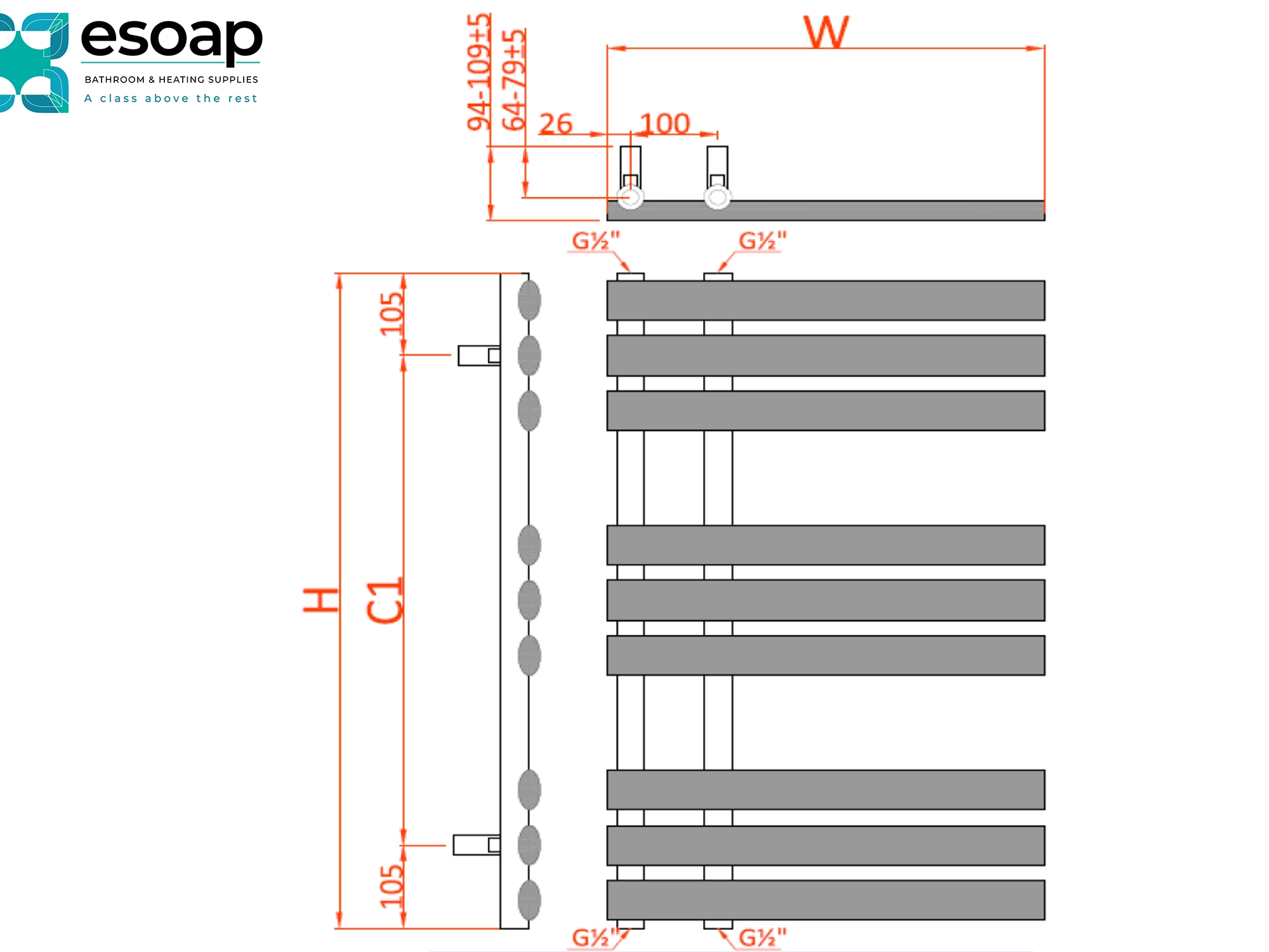 Technical drawing of a radiator with dimensions labeled, featuring the Esoap brand.