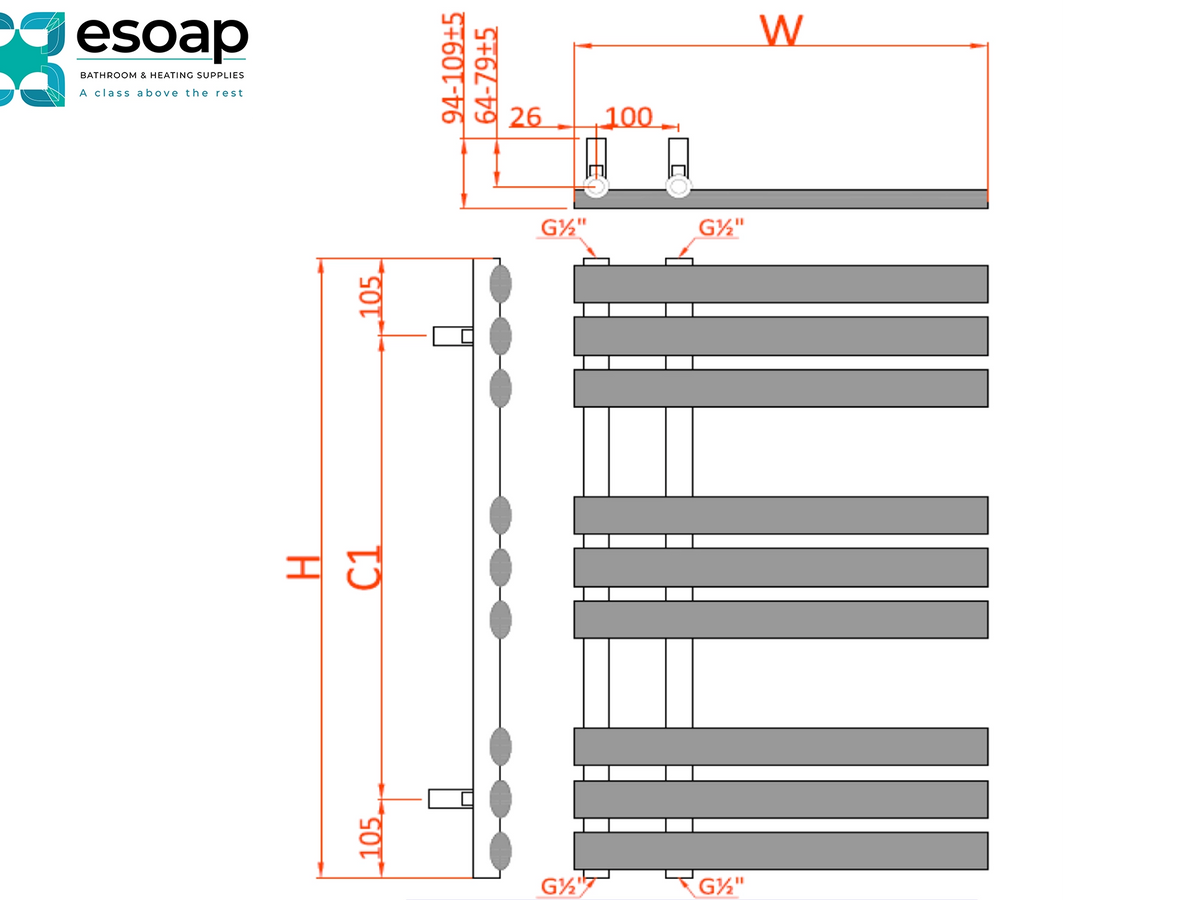 Technical dimension diagram of a metal radiator fin assembly, showing height (H), width (W), and channel spacing measurements with red lines and labels on a white background. The Esoap brand logo is visible in the top left corner Reina Chisa Designer Radiator