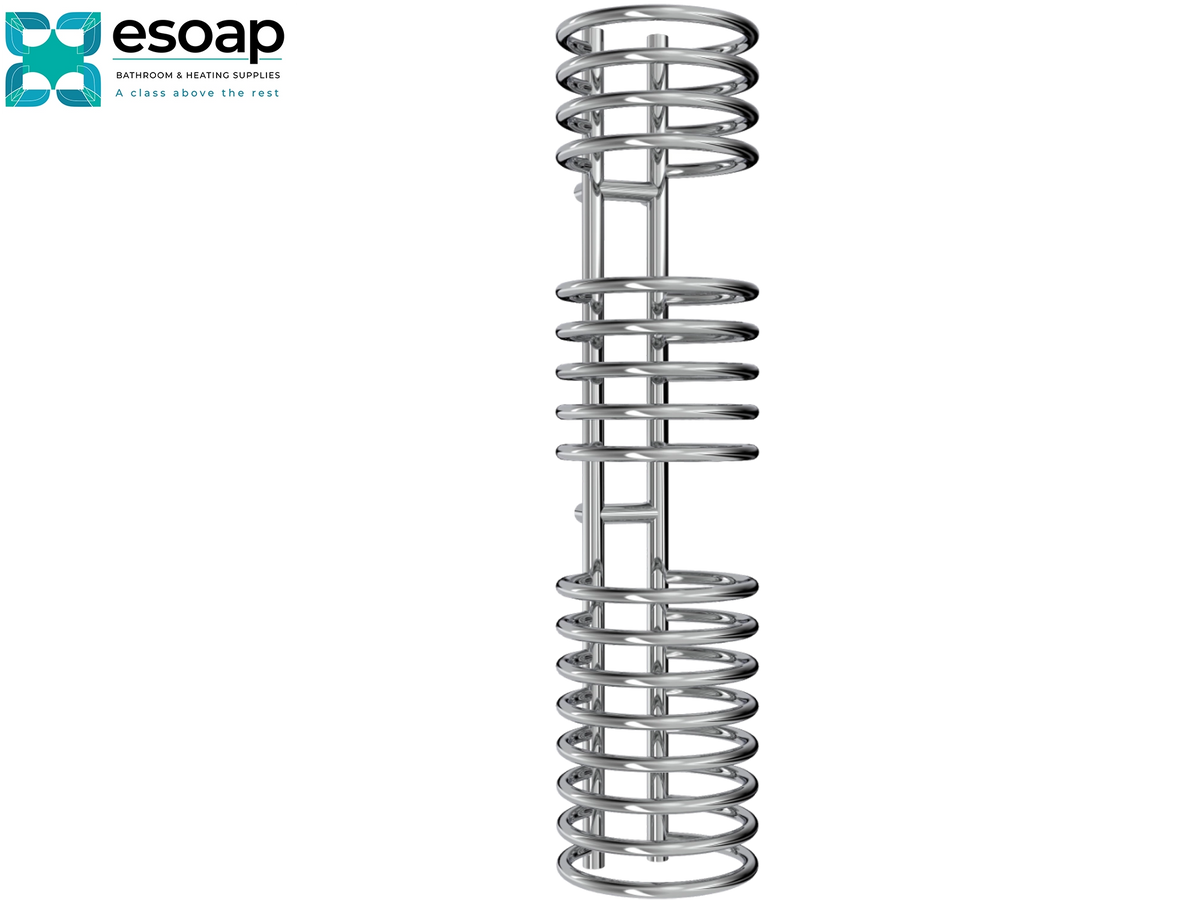 A tall, slender stainless steel spiral coil radiator or heat exchanger, shown vertically against a plain white background. The Esoap brand logo is visible in the top-left corner Reina Claro 1200x300 Chrome Designer Radiator