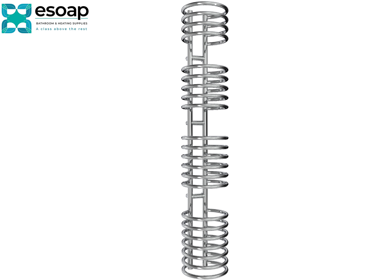 A tall, slender stainless steel spiral spring rack with two vertical bars and multiple horizontal coiled springs, shown on a plain white background with the Esoap logo in the top-left corner Reina Claro 1600x300 Chrome Designer Radiator