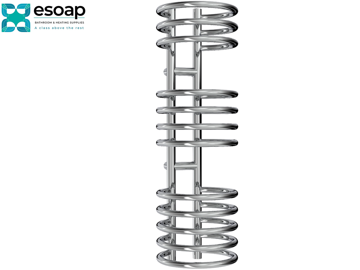 A polished chrome spiral spring rack, shown vertically on a plain white background with the Esoap logo in the top-left corner Reina Claro 900x300 Chrome Designer Radiator