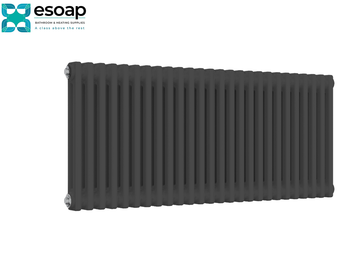 A dark charcoal gray cast iron radiator shown from a three-quarters perspective on a white background, featuring the Esoap brand logo in the top-left corner Reina Colona Horizontal 2 Column 500x1190 Anthracite Designer Radiator