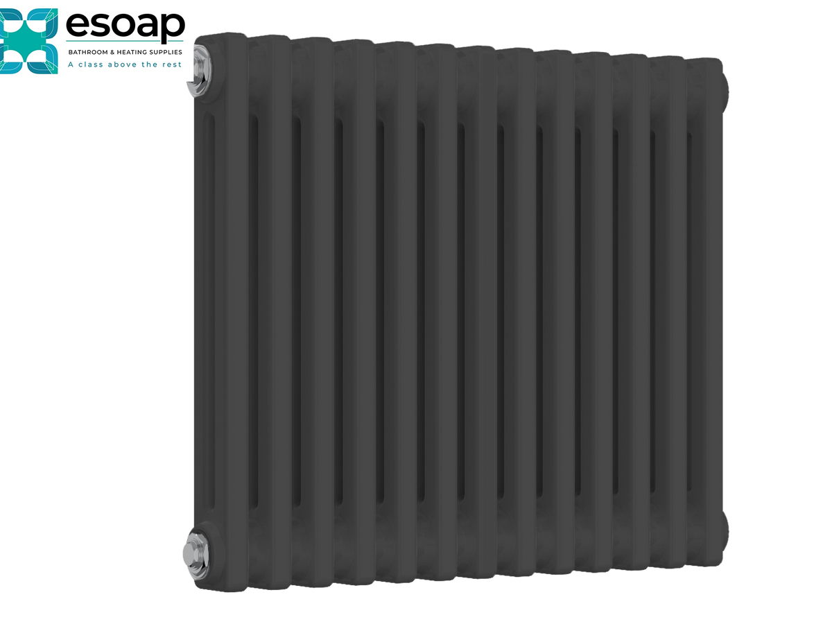 A dark gray cast iron radiator with vertical fins, shown from a three-quarters angle on a white background with an 'esoap' logo in the top-left corner Reina Colona Horizontal 2 Column 500x605 Anthracite Designer Radiator