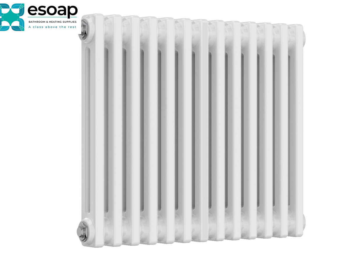 A white cast iron radiator with multiple vertical tubes, shown against a plain white background with an Esoap brand logo in the top-left corner Reina Colona Horizontal 2 Column 500x605 White Designer Radiator
