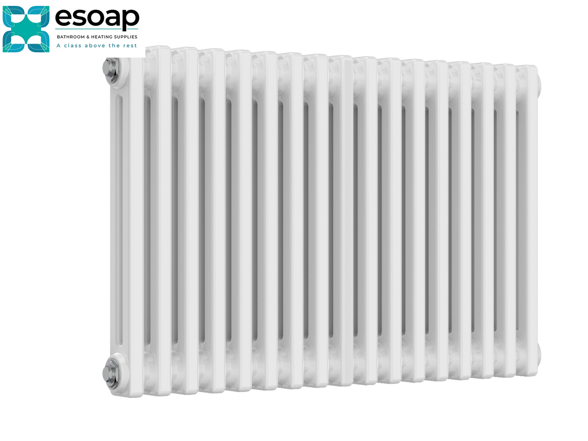 A white cast iron radiator with vertical bars, shown against a plain white background with the Esoap brand logo in the top-left corner Reina Colona Horizontal 2 Column 500x785 White Designer Radiator