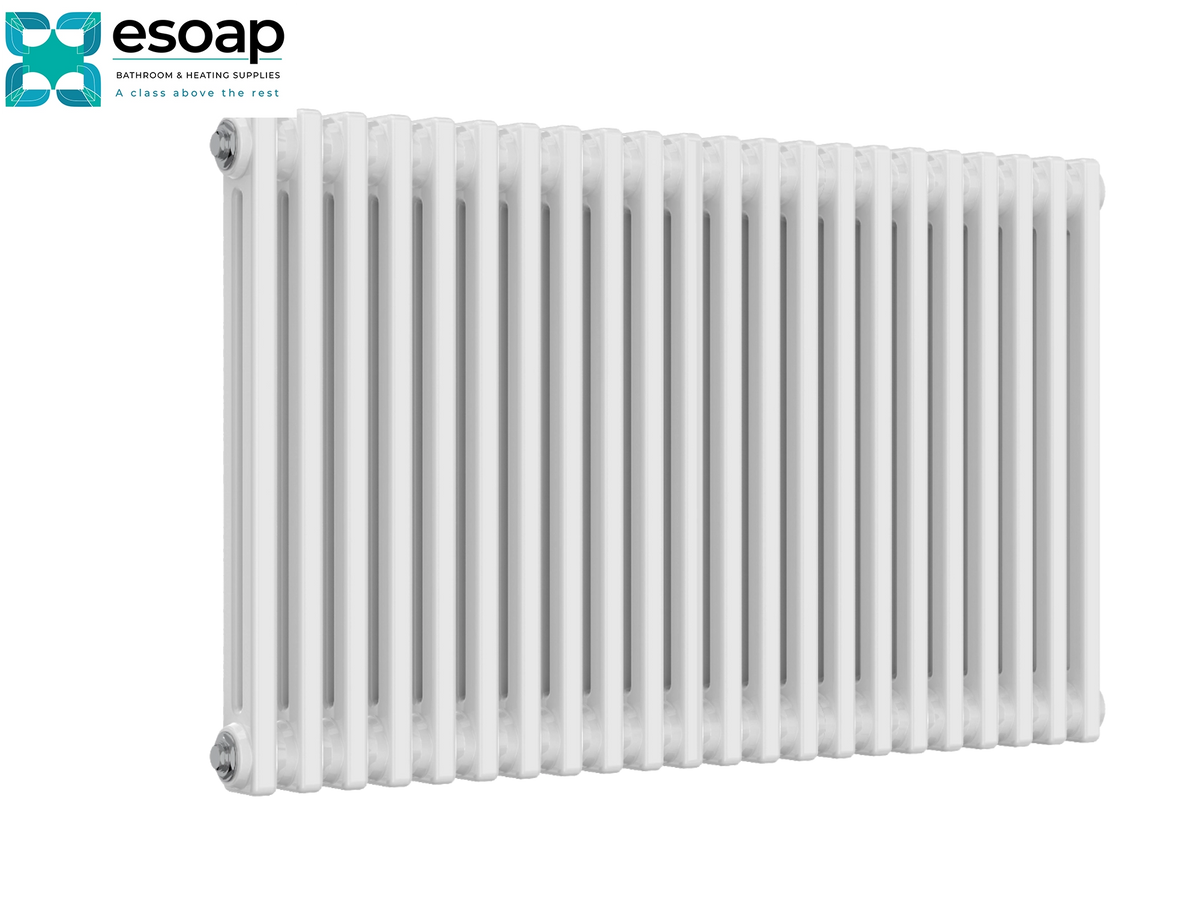 A white cast iron radiators by esoop, featuring a modern multi-bar design, shown against a plain white background with the esoop brand logo in the top left corner Reina Colona Horizontal 2 Column 600x1010 White Designer Radiator