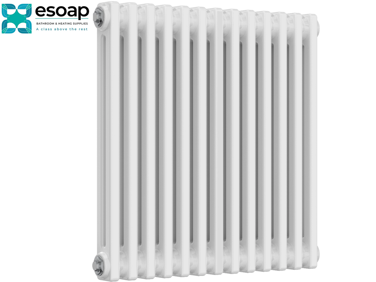 A white cast iron radiator with multiple vertical tubes, shown against a plain white background with the Esoap brand logo in the top-left corner Reina Colona Horizontal 2 Column 600x605 White Designer Radiator