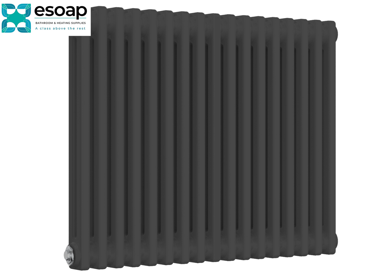 A dark charcoal gray ribbed panel radiator shown at an angle against a plain white background, with the Esoap brand logo in the top-left corner Reina Colona Horizontal 2 Column 600x785 Anthracite Designer Radiator