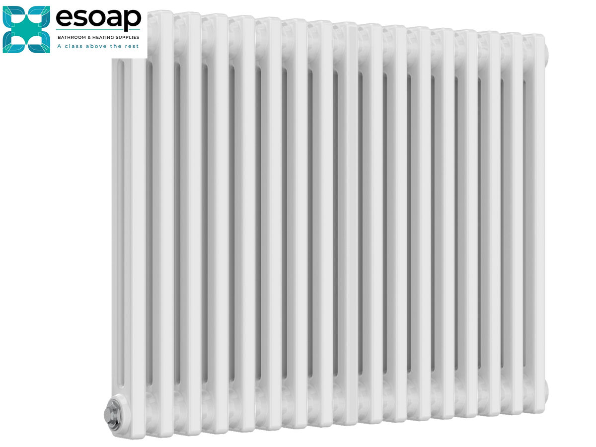 A white cast iron radiator with vertical bars, shown against a plain white background with the Esoap brand logo in the top-left corner Reina Colona Horizontal 2 Column 600x785 White Designer Radiator
