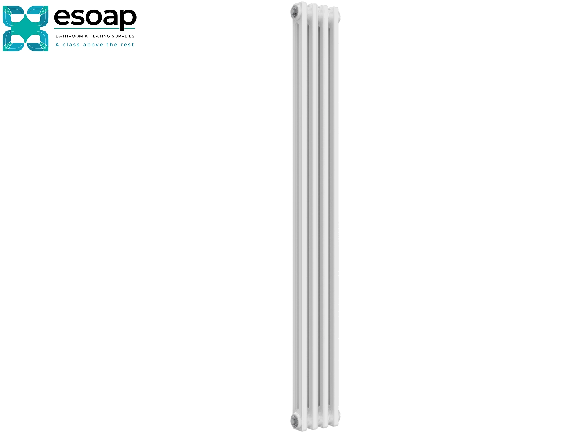 White Colona 1500 x 200 designer vertical radiator on a white background with 'esoap' branding.