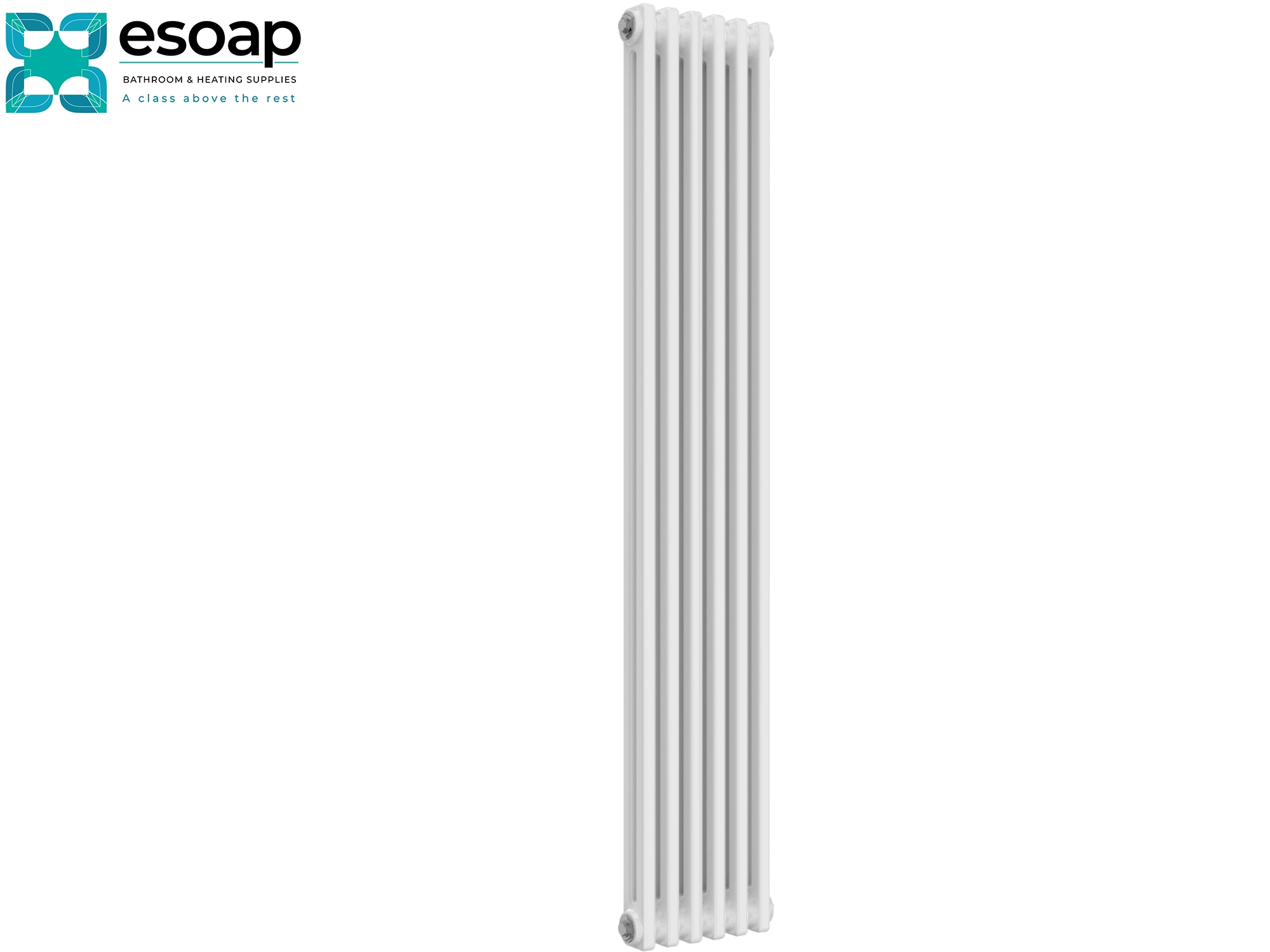 White Colona 1500 x 290 designer vertical radiator on a white background with 'esoap' branding.