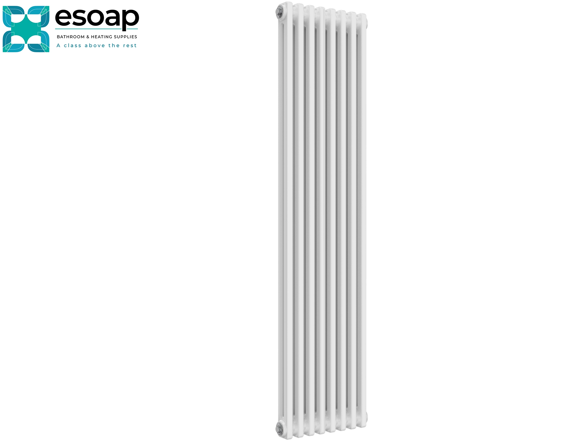 1500 x 380 White Designer Radiator on a white background with Esoap branding.