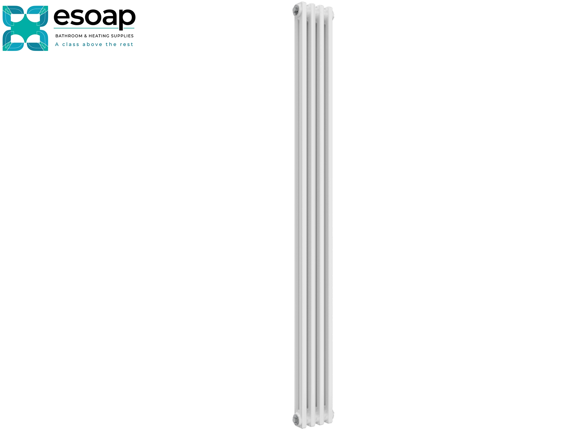 1800 x 200 White Designer Radiator on a white background with Esoap branding.