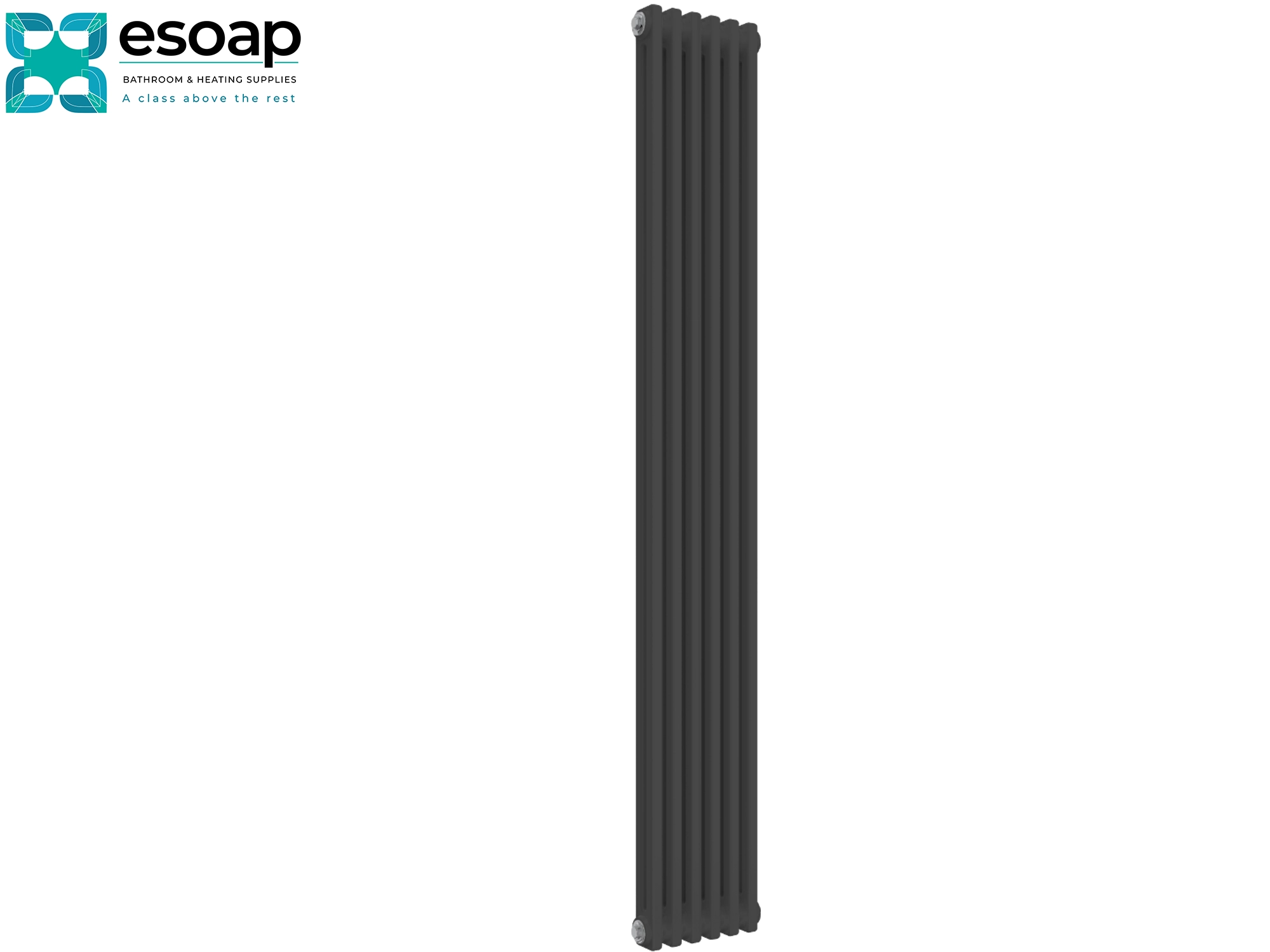 1800 x 290 Anthracite Vertical Designer Radiator on a white background with 'esoap' branding.