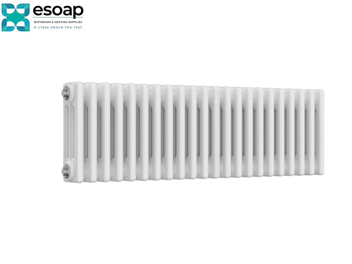 A white cast iron radiator with a ribbed column design, shown against a plain white background with the Esoap brand logo in the top-left corner Reina Colona Horizontal 3 Column 300x1010 White Designer Radiator