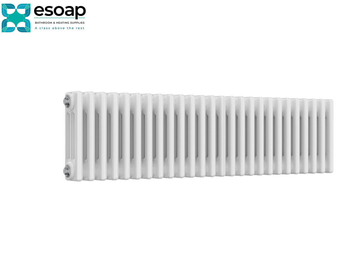 A white cast iron radiators with a ribbed cylindrical design, shown against a plain white background with the Esoap brand logo in the top-left corner Reina Colona Horizontal 3 Column 300x1190 White Designer Radiator